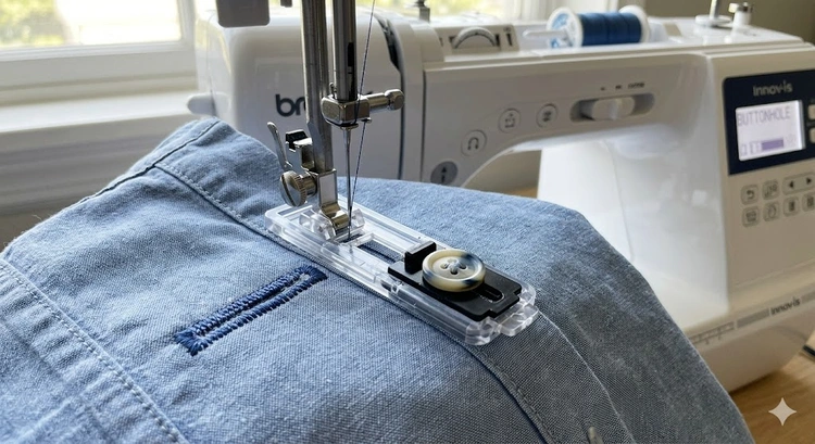 how to sew a buttonhole on a sewing machine using an automatic buttonhole foot on cotton fabric