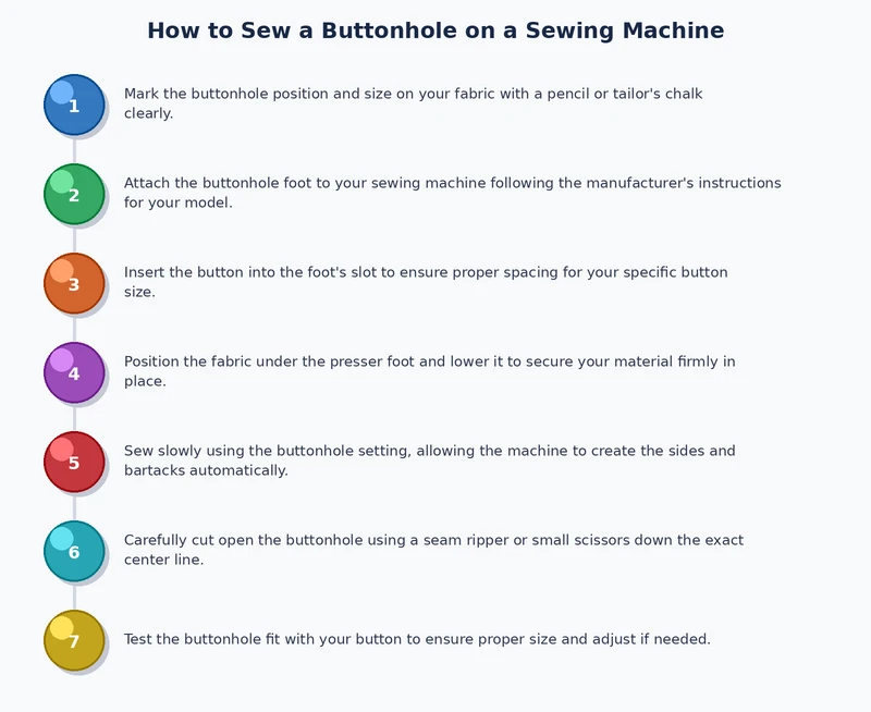 step by step process diagram for how to sew a buttonhole on a sewing machine from marking to cutting