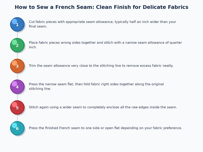 Process diagram showing all five steps of the French seam technique from first seam through trimming to final press