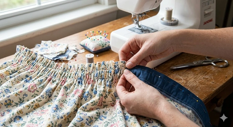 how to sew a gathered skirt with gathered fabric folds and elastic waistband on a flat surface