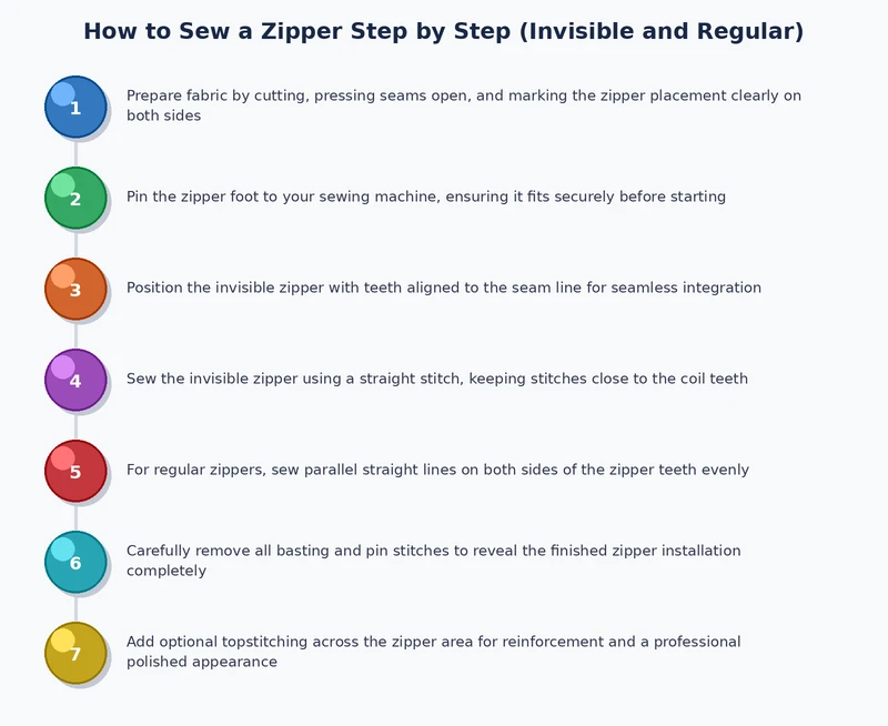 Process diagram showing step-by-step installation sequence for regular lap zipper and invisible zipper