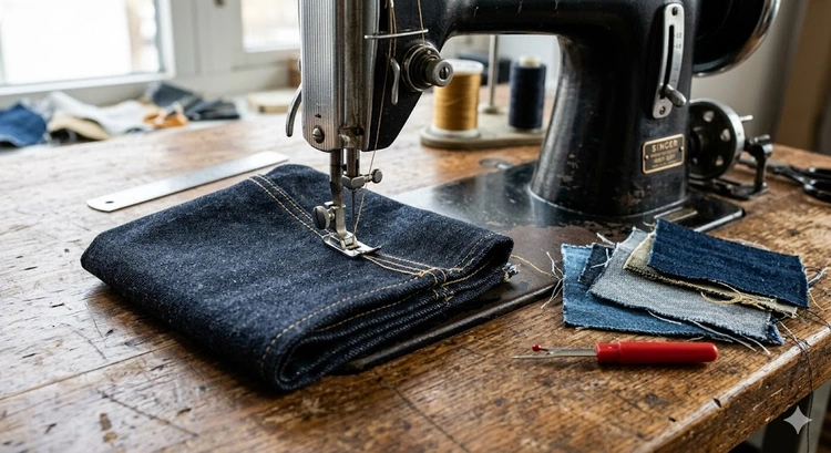 sewing machine needle stitching through thick double-layered denim fabric showing how to sew denim fabric