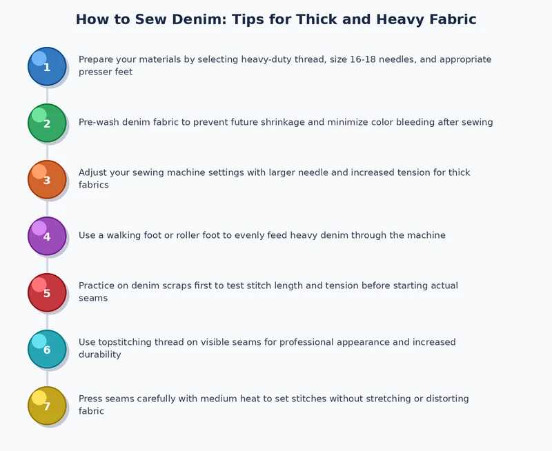step-by-step process diagram for sewing thick denim seams from needle selection to seam finishing