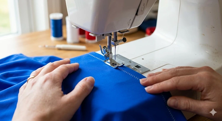 how to sew stretch fabric with ballpoint needle and jersey knit positioned on sewing machine