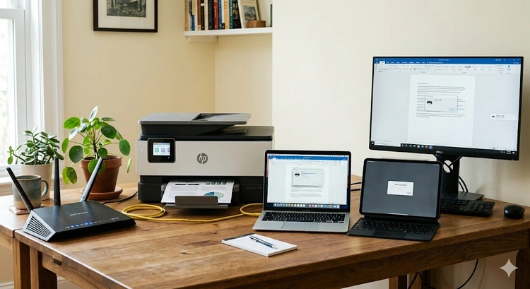 How to share a printer on a home network — router connected to multiple wireless devices