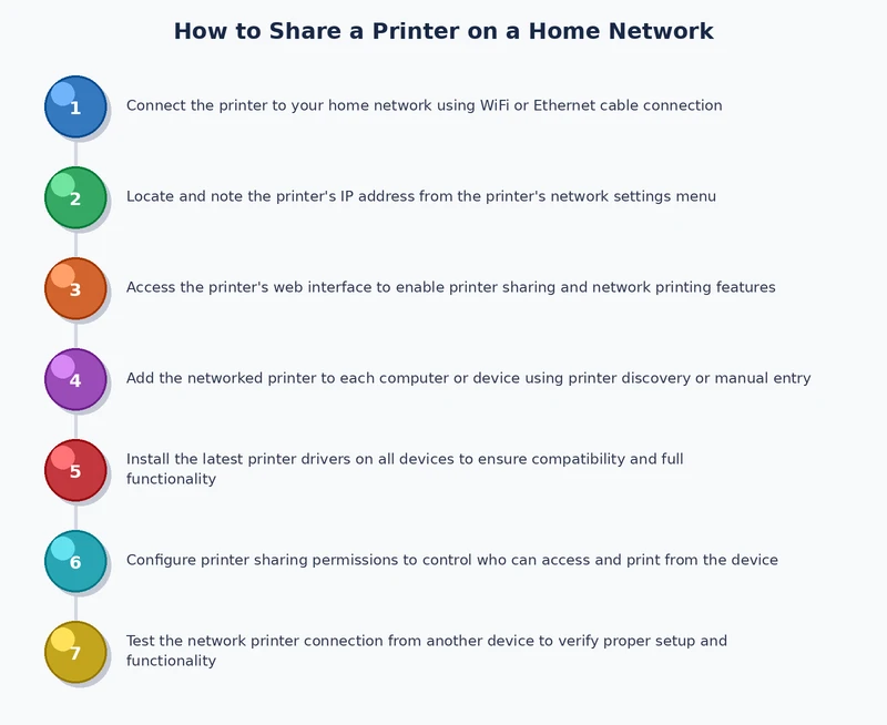 Step-by-step process diagram for how to share a printer on a home network across Windows, macOS, and print server methods