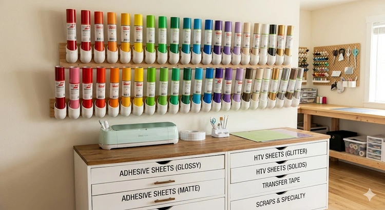 How to store vinyl rolls upright in a wire rack organizer