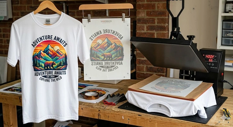 Sublimation print being pressed onto a white polyester shirt with a heat press machine