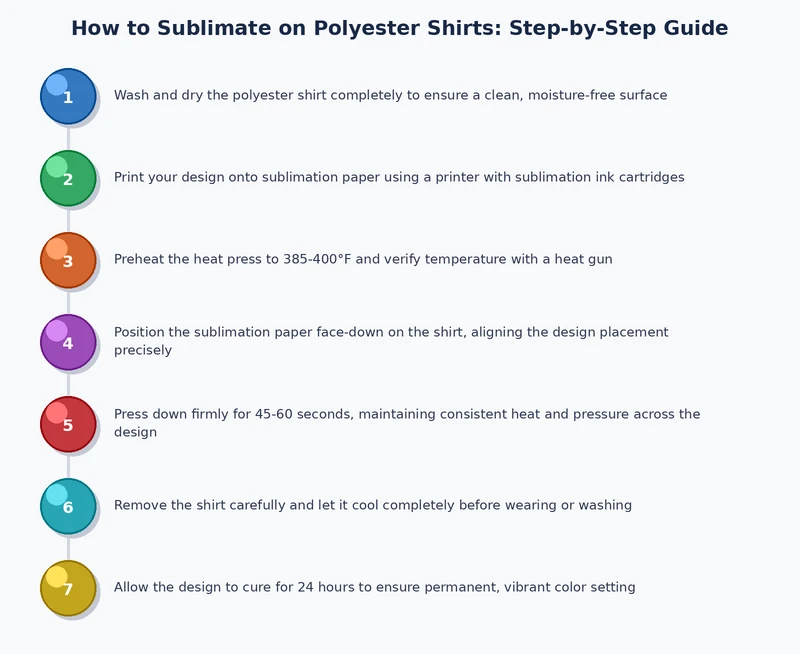 Step-by-step sublimation process diagram showing design, print, pre-press, transfer, press, and peel stages