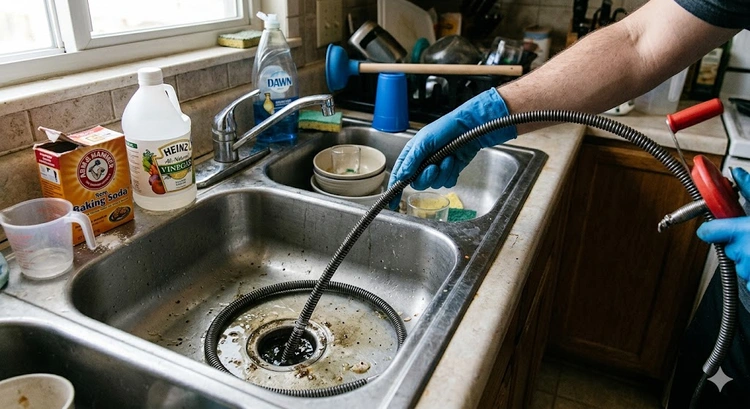 how to unclog a kitchen drain using baking soda vinegar and natural methods