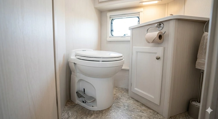 how to unclog an rv toilet — gloves, tank wand, and enzymatic cleaner laid out near an RV bathroom