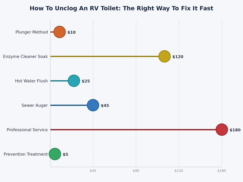 bar chart comparing RV toilet unclogging methods by effectiveness, cost, and risk level