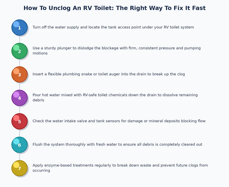 process diagram showing how to unclog an rv toilet step by step from enzymatic soak to dump station flush