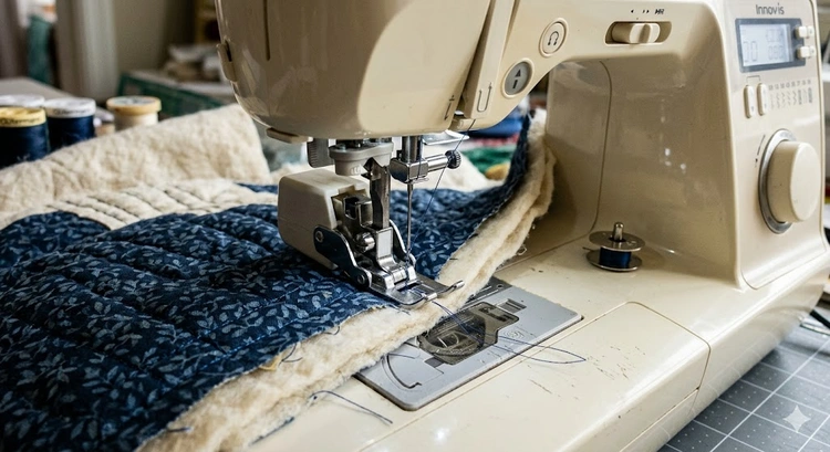Walking foot sewing machine attachment in use on layered quilting fabric showing even stitch formation