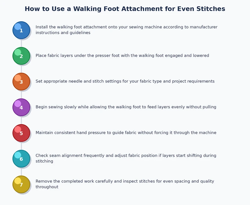 Step-by-step process diagram showing how to attach a walking foot and hook the fork arm correctly