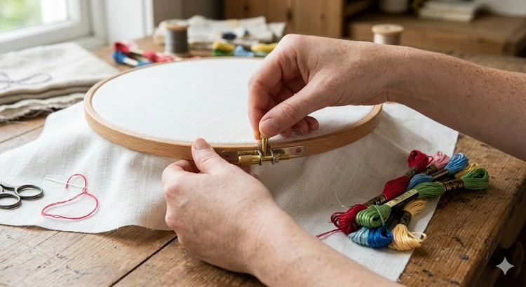 how to use an embroidery hoop with fabric correctly tensioned between wooden inner and outer rings