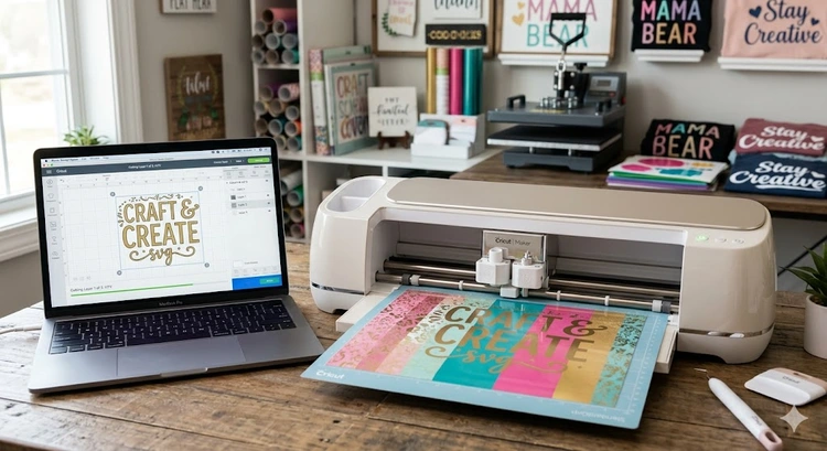 Cricut machine cutting heat transfer vinyl on a cutting mat for heat transfer projects
