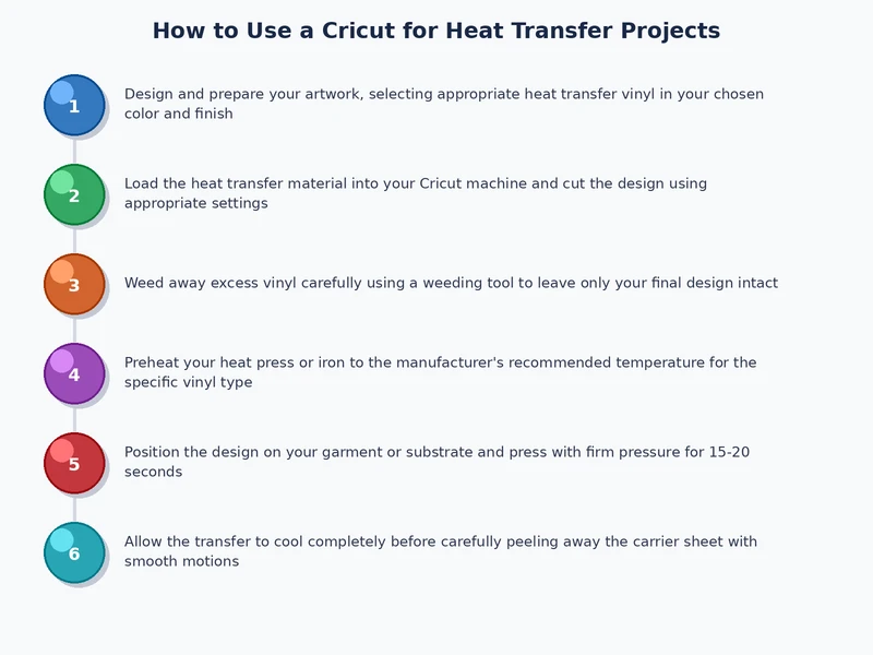 Step-by-step process diagram for how to use Cricut for heat transfer vinyl from design to finished garment