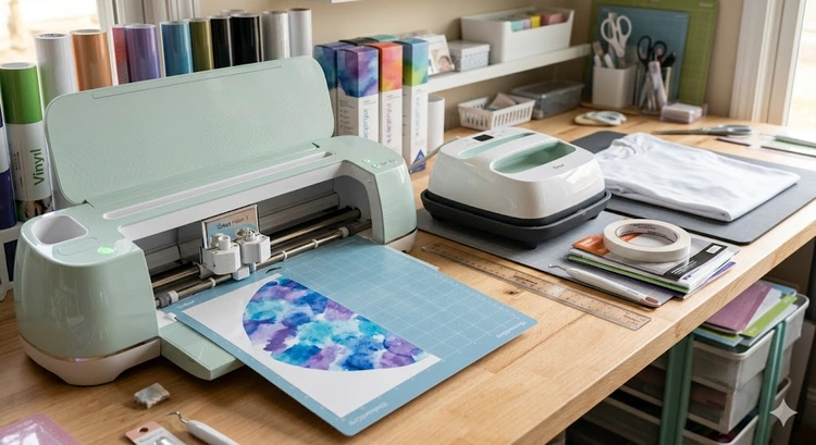 Cricut infusible ink transfer sheets and markers laid out on a cutting mat next to a heat press