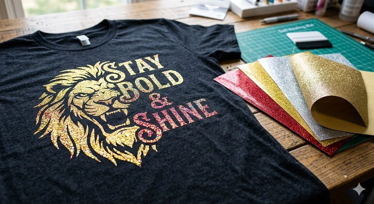 how to use glitter HTV on fabric with a heat press for a sparkling finish