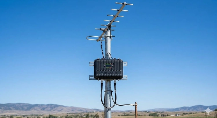 GMRS repeater setup on a hilltop tower showing how to use a GMRS repeater for extended range communication