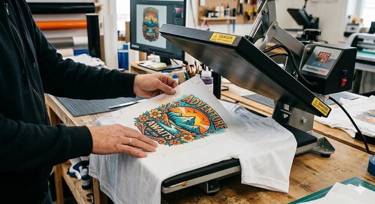 sublimation paper aligned on heat press platen ready for polyester transfer