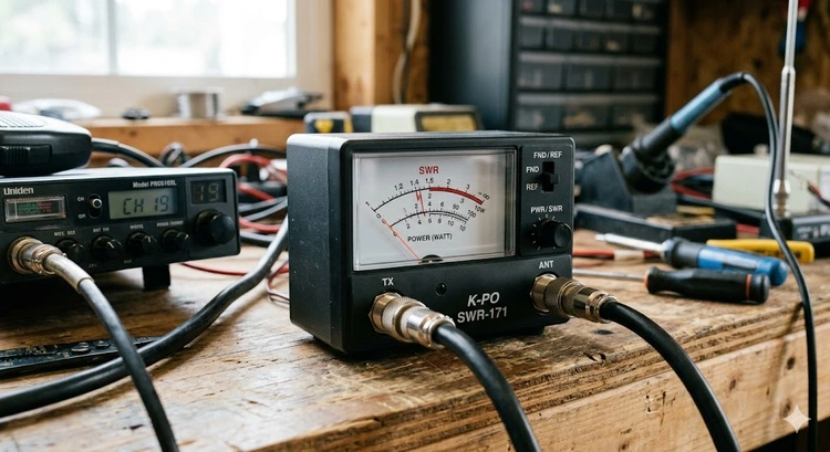 SWR meter connected to a CB radio antenna coax line showing a low reading during tuning