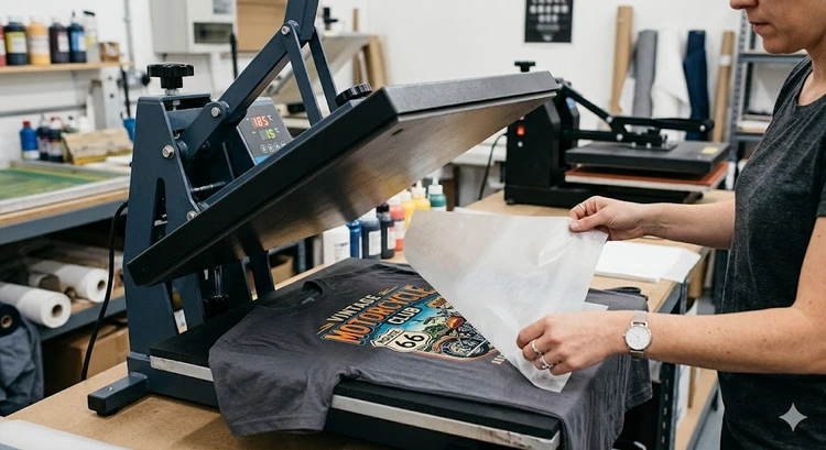 Teflon sheet for heat press placed flat over HTV transfer on garment substrate