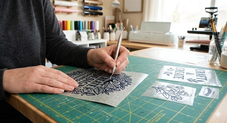 how to weed heat transfer vinyl using a fine-point weeding hook on a backlit lightbox