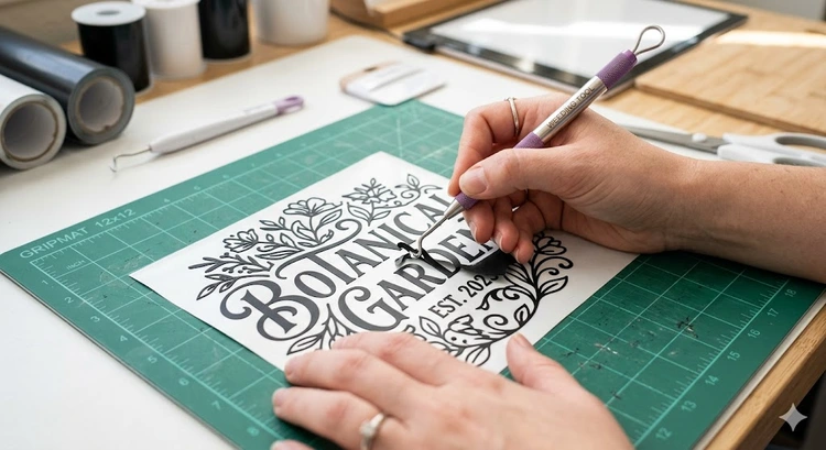 Close-up of a weeding hook lifting excess vinyl from an intricate cut design on a backing sheet