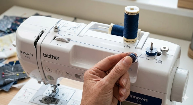 how to wind a bobbin sewing machine — bobbin placed on winder spindle with thread routed through tension disk