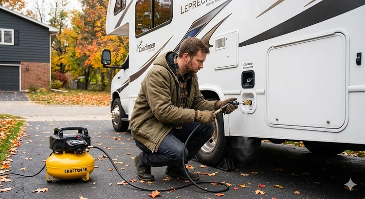 How to winterize an RV showing antifreeze pump connected to water inlet with drain valves open
