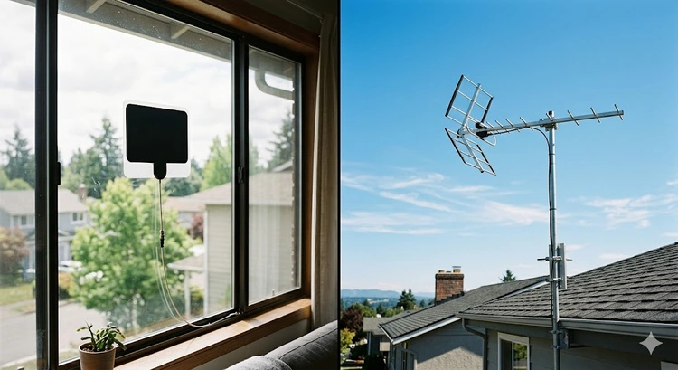 indoor vs outdoor tv antenna which is better — flat indoor panel antenna and rooftop yagi outdoor antenna side by side