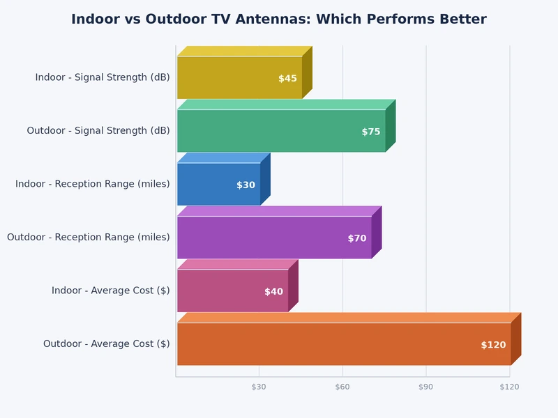 bar chart comparing signal strength dBm for indoor vs outdoor tv antennas at 10 25 50 and 75 miles from broadcast tower