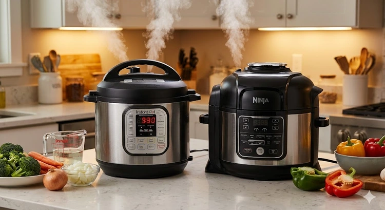 Instant Pot vs Ninja Foodi placed side by side on a kitchen counter for comparison