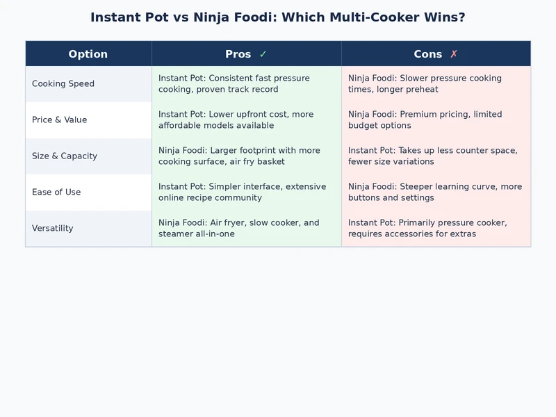 Detailed comparison table showing Instant Pot vs Ninja Foodi features, cooking functions, pricing tiers, and ideal user profiles