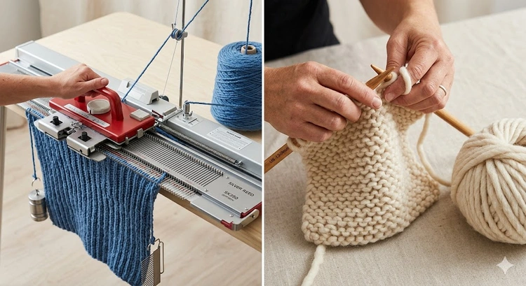 Knitting machine vs hand knitting side-by-side comparison of both methods