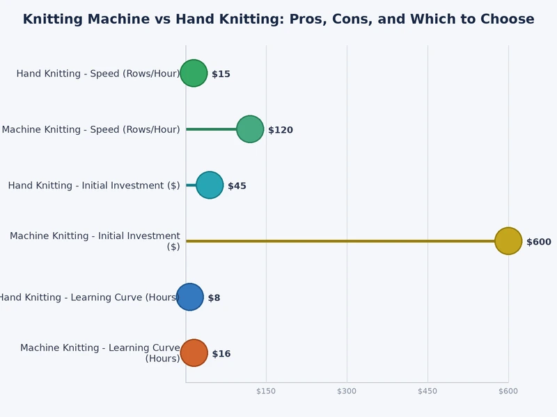 Chart comparing knitting machine vs hand knitting across speed, cost, portability, and pattern complexity