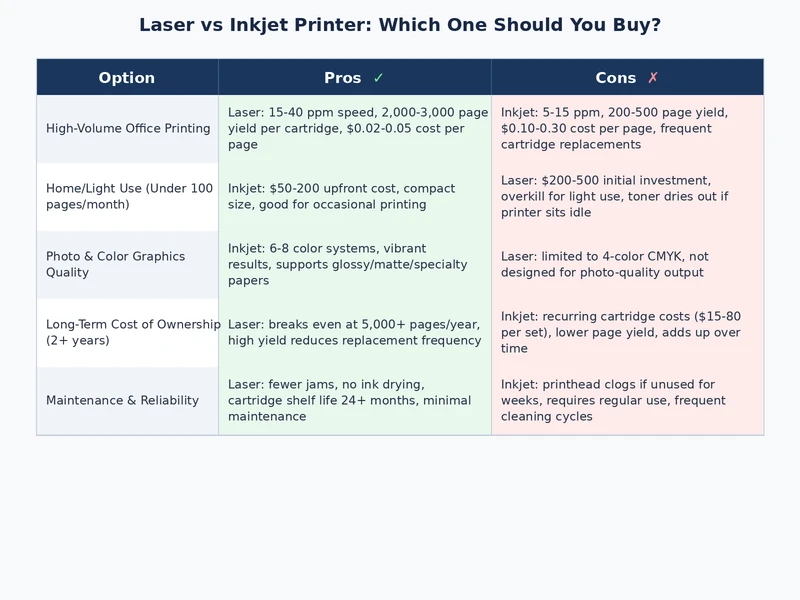 Comparison table showing laser vs inkjet printer cost per page and total ownership costs