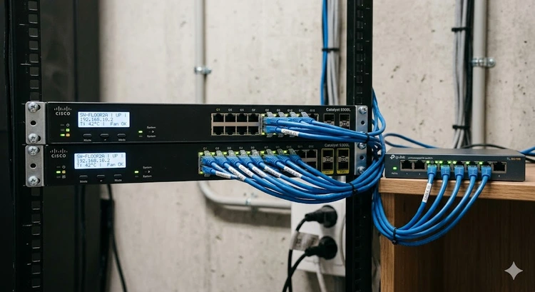managed vs unmanaged network switch comparison side by side on a desk