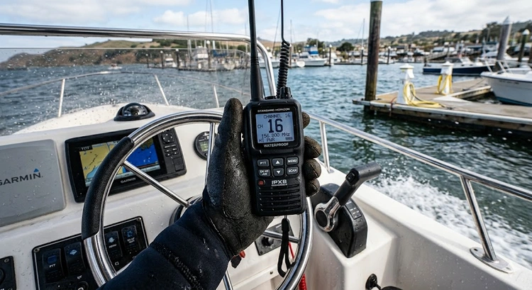 Marine VHF radio buying guide comparing handheld and fixed mount units on a boat console