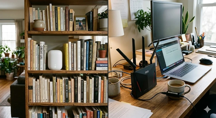 mesh wifi vs traditional router nodes and single router unit on a desk side by side