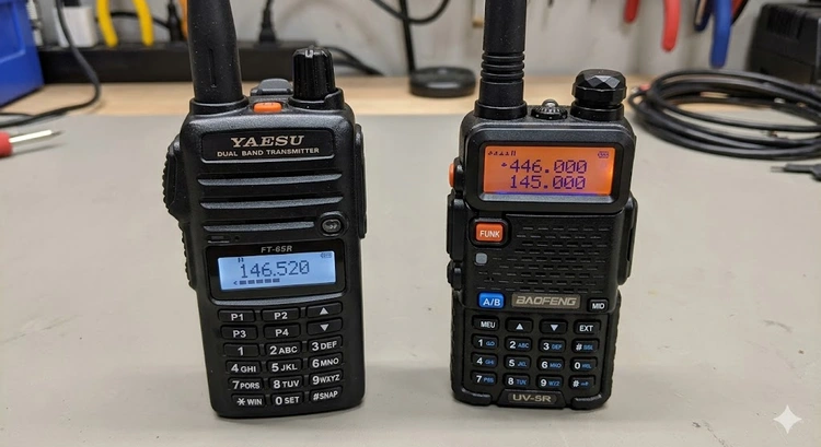 Midland GXT1000 vs Motorola T800 GMRS walkie talkies side by side on a wooden table