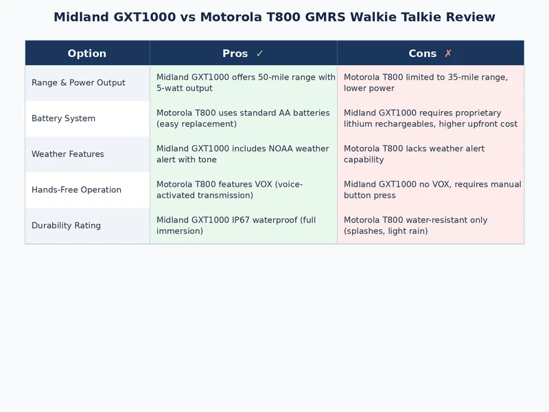 Midland GXT1000 vs Motorola T800 comparison chart showing range, power, and feature differences