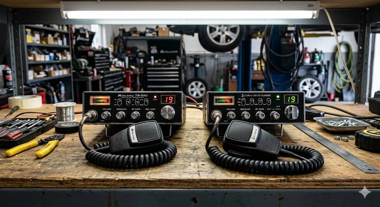 Midland vs Cobra CB radio units side by side on a truck dashboard