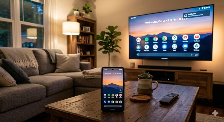 Android phone connected to TV screen showing mirror android screen to tv without chromecast setup
