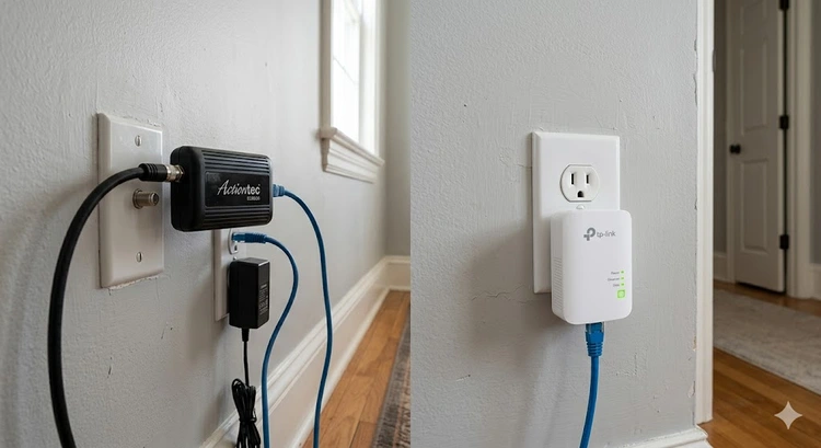 MoCA adapter vs powerline adapter side by side showing both devices plugged in
