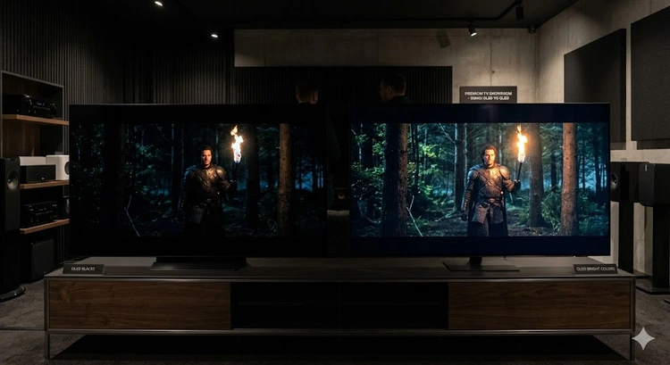 OLED vs QLED TV side-by-side comparison showing contrast and brightness differences in a living room