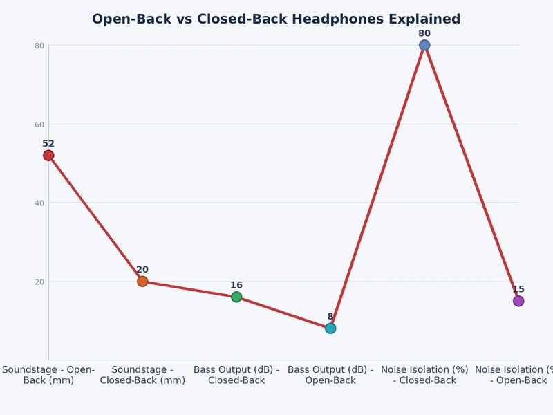 bar chart comparing open back vs closed back headphone performance across soundstage isolation and fatigue metrics