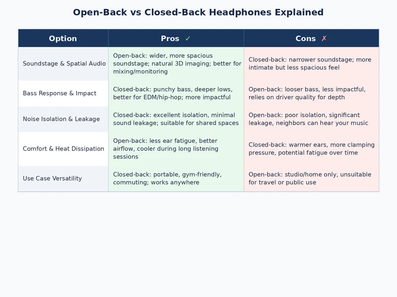 open back vs closed back headphones comparison infographic covering soundstage isolation and use case differences